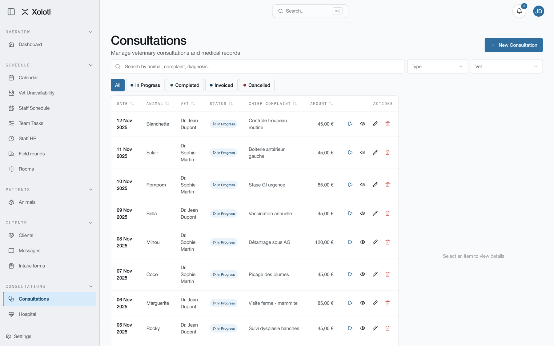 Liste des consultations avec statuts, motifs et montants